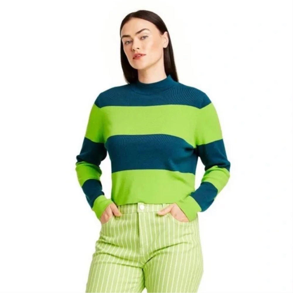 Victor Glemaud x Target Striped Mock Neck Knit Sweater Teal Blue/Green size XL - Picture 2 of 4